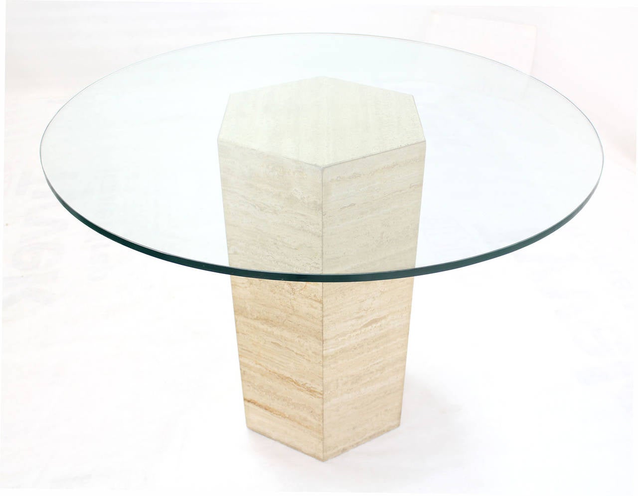 Hexagon Travertine Pedestal Base and Round Glass-Top Center Table In Excellent Condition In Rockaway, NJ