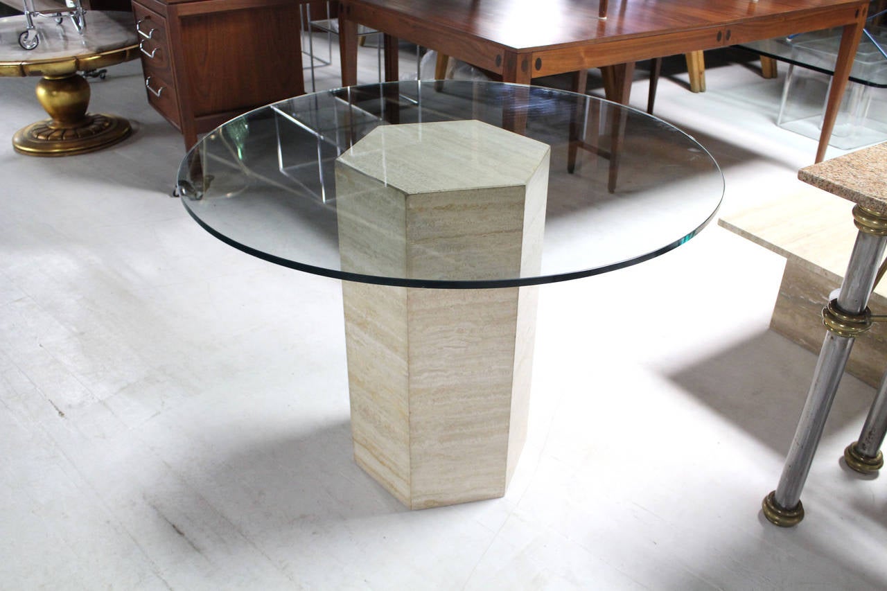 Hexagon Travertine Pedestal Base and Round GlassTop Center Table at