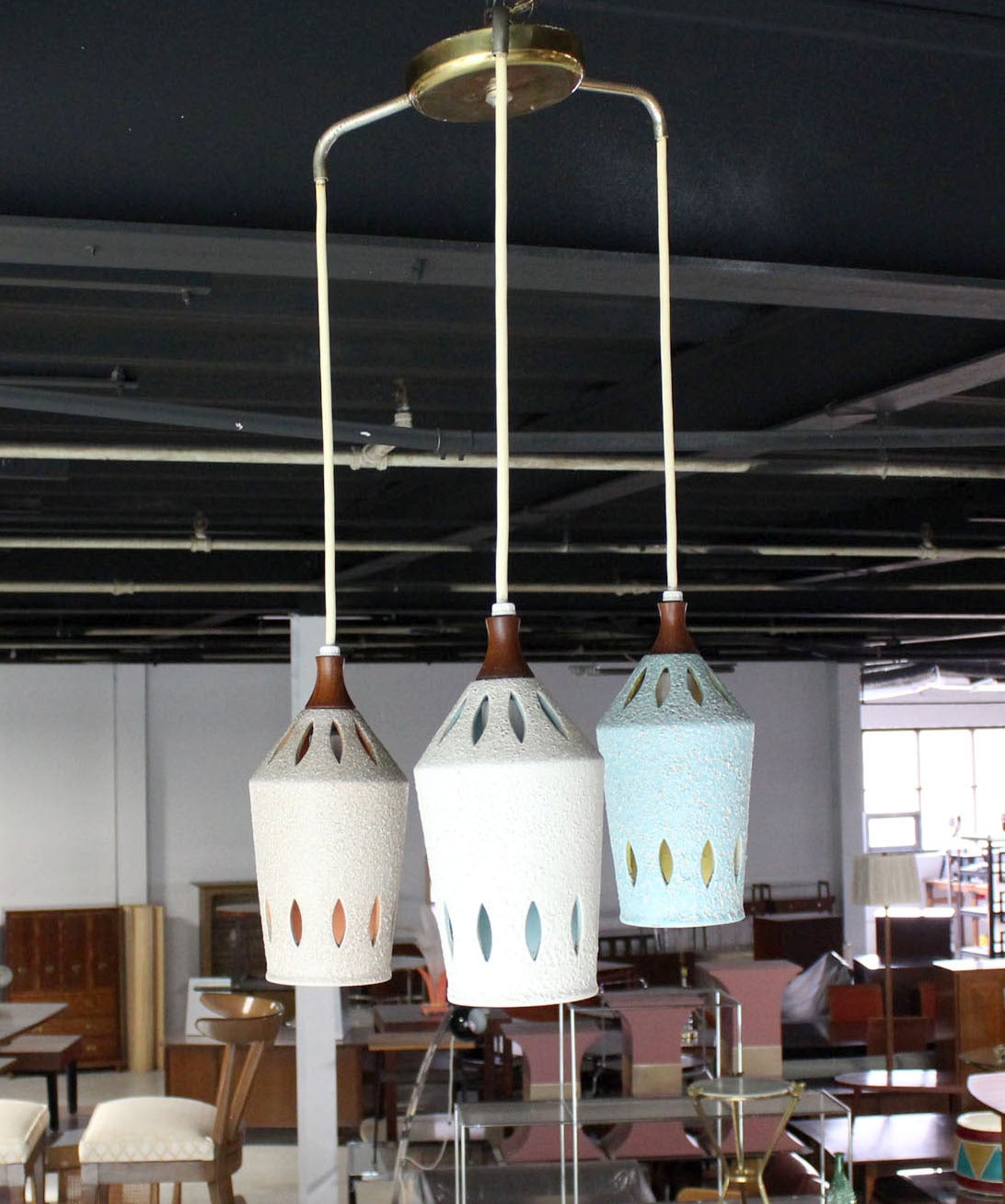 Triple Colored Pottery Ceramic Shades Pendant Light For Sale at 1stdibs