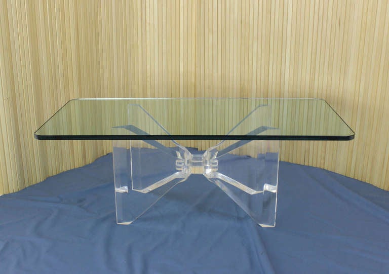 American Mid Century Modern Lucite Base and Glass Top Butterfly Coffee Table