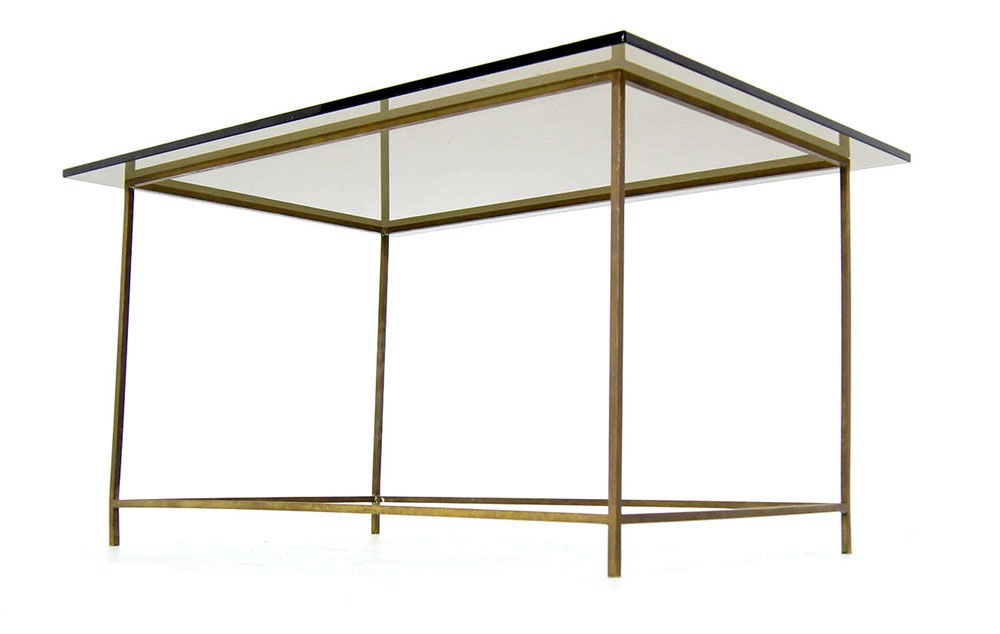 American Thin Solid Brass Base Mid-Century Modern Glass Top Table