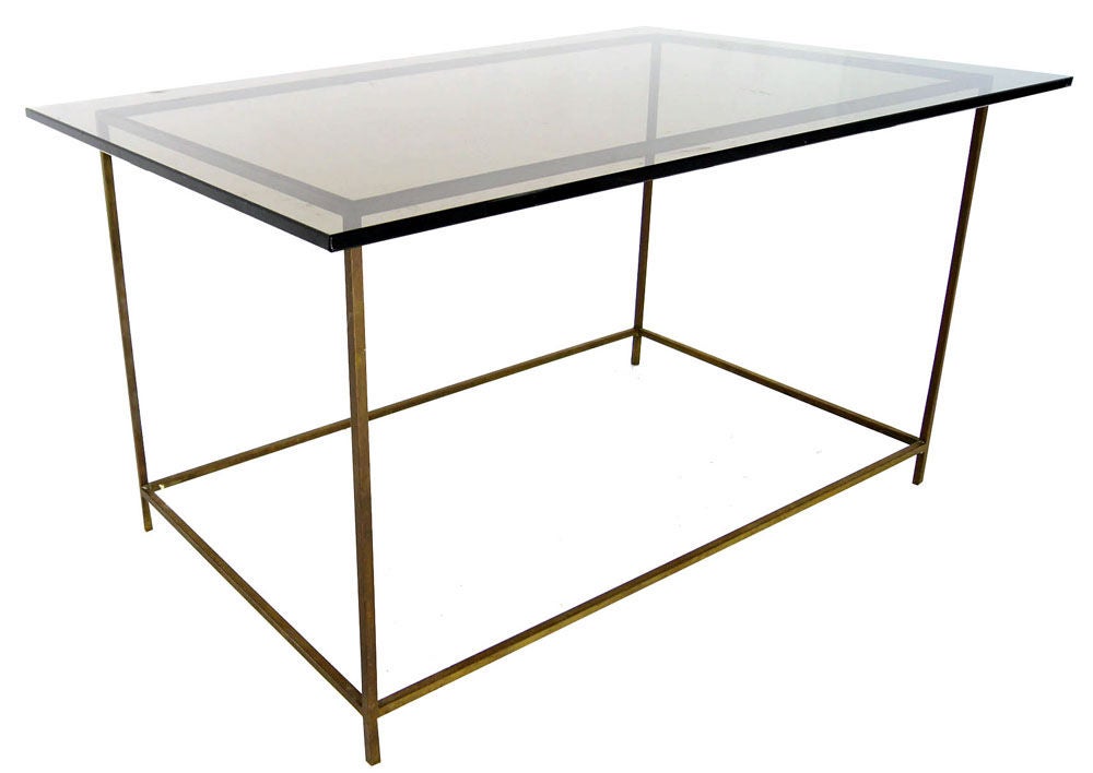 Thin Solid Brass Base Mid-Century Modern Glass Top Table In Excellent Condition In Rockaway, NJ