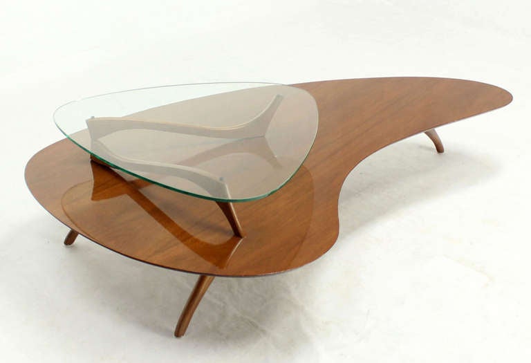 20th Century Mid Century Modern Kidney Organic Shape Walnut Coffee Table w/ Glass Top