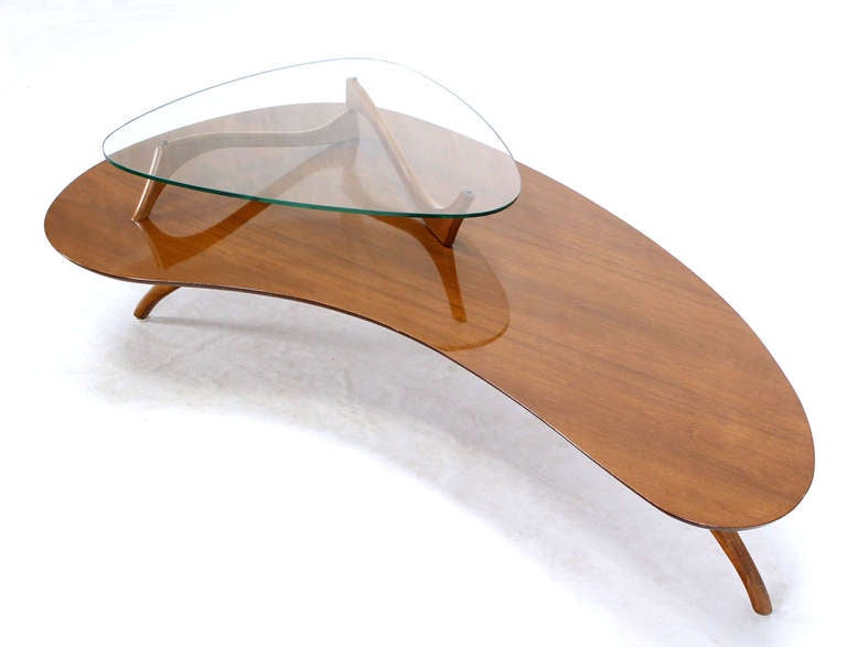 Mid Century Modern Kidney Organic Shape Walnut Coffee Table w/ Glass Top 1