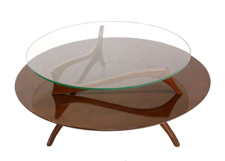 Mid-Century Modern Walnut and Glass Round Two-Tier Center or Coffee Table.