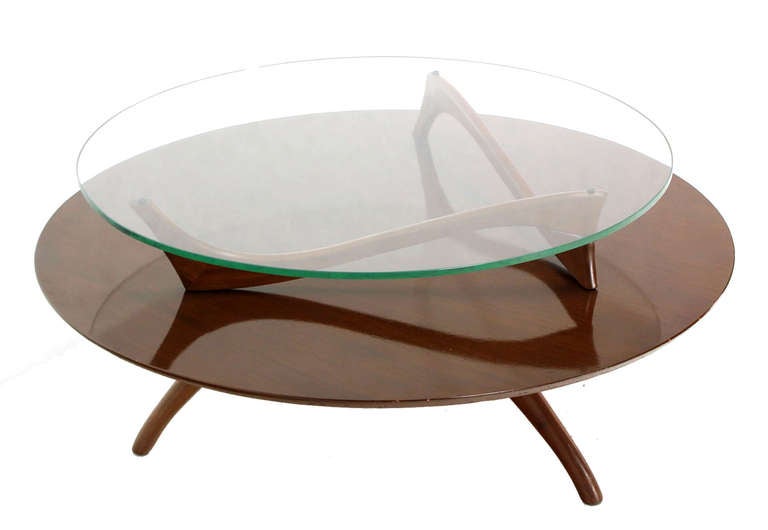 Lacquered Walnut and Glass Round Two-Tier Center or Coffee Table.