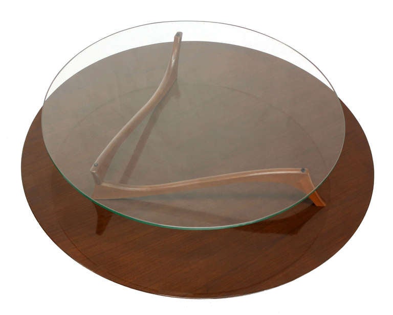 American Walnut and Glass Round Two-Tier Center or Coffee Table.