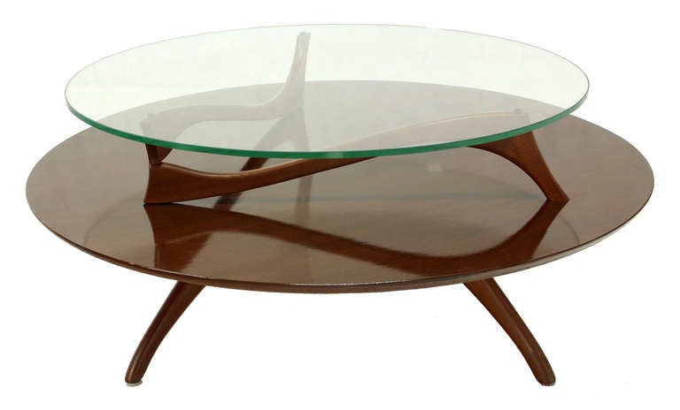 Walnut and Glass Round Two-Tier Center or Coffee Table. In Excellent Condition In Rockaway, NJ