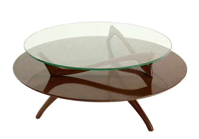 20th Century Walnut and Glass Round Two-Tier Center or Coffee Table.