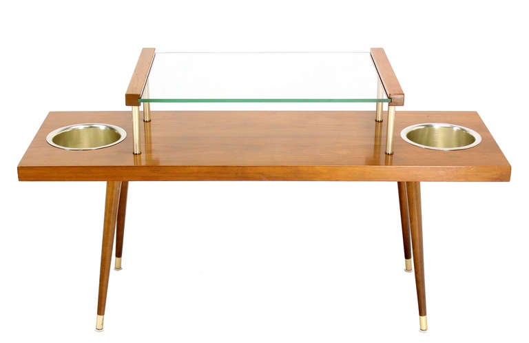 20th Century Mid-Century Modern Walnut and Glass-Top Console Table with Planters