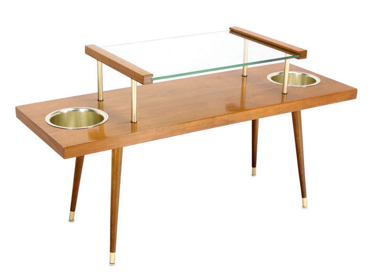 Mid-Century Modern Walnut and Glass-Top Console Table with Planters 1