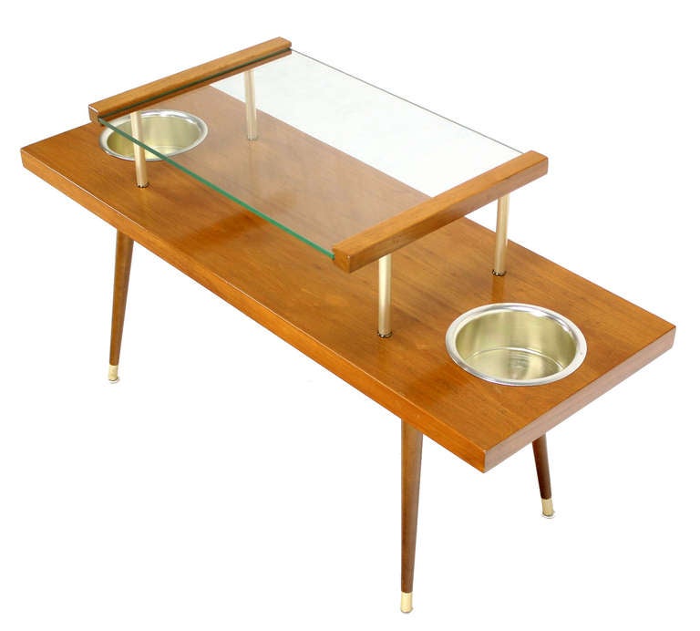 Mid-Century Modern Walnut and Glass-Top Console Table with Planters 2