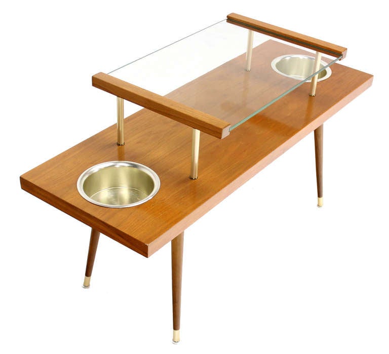 Mid-Century Modern Walnut and Glass-Top Console Table with Planters 3