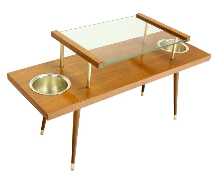 Mid-Century Modern Walnut and Glass-Top Console Table with Planters 4