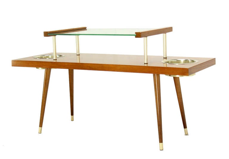 American Mid-Century Modern Walnut and Glass-Top Console Table with Planters