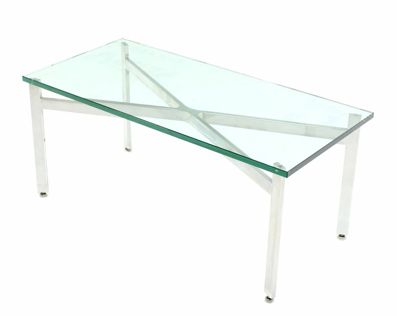 Polished Pair of rectangular X Base Glass Tops Coffee Side Tables Stands.