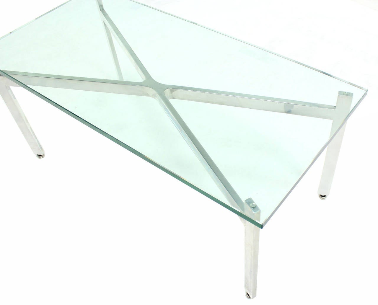 American Pair of rectangular X Base Glass Tops Coffee Side Tables Stands.