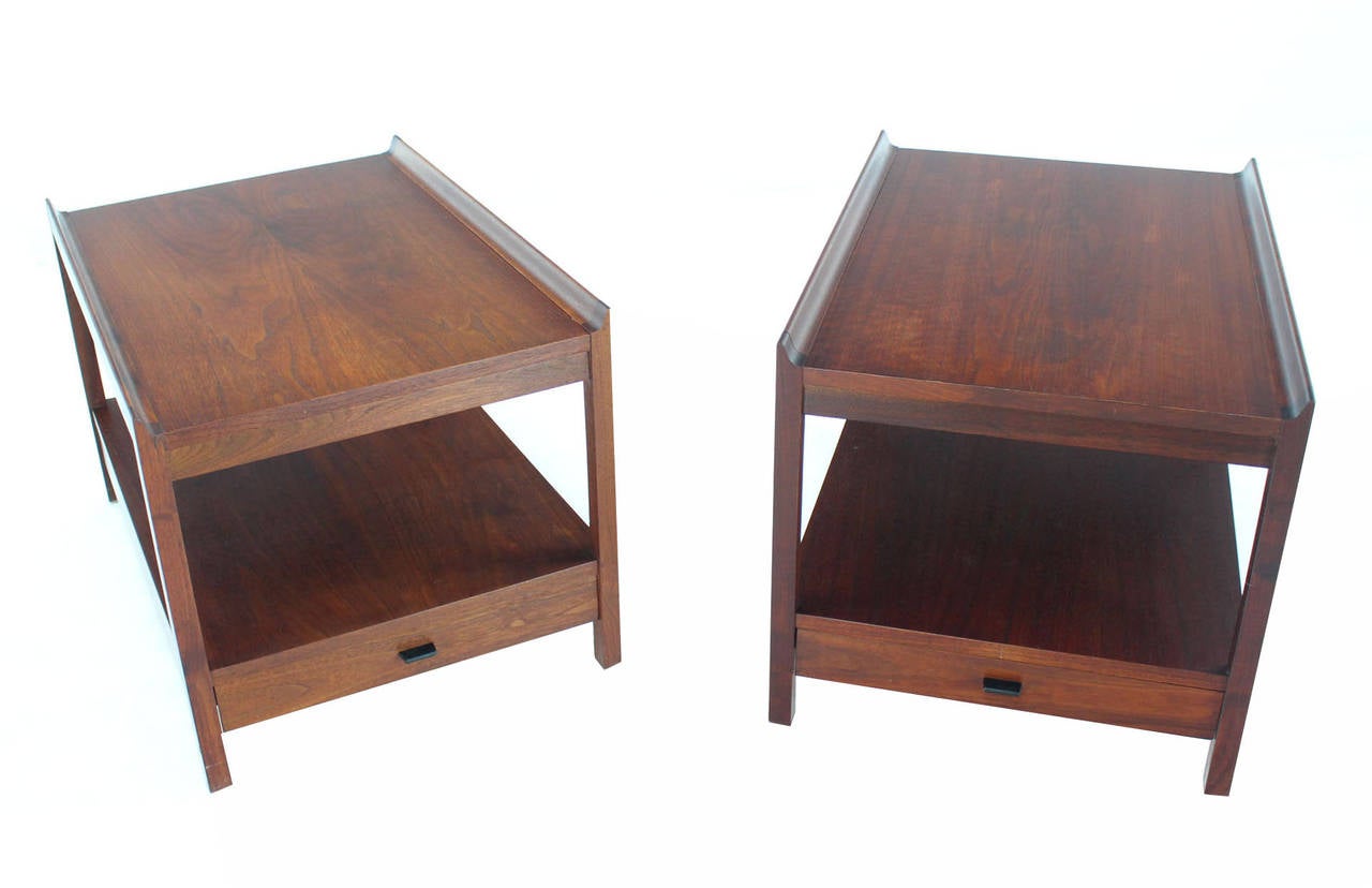 American Pair of Danish Oiled Walnut Rolled Edge End Side Tables Two Tier One Drawer