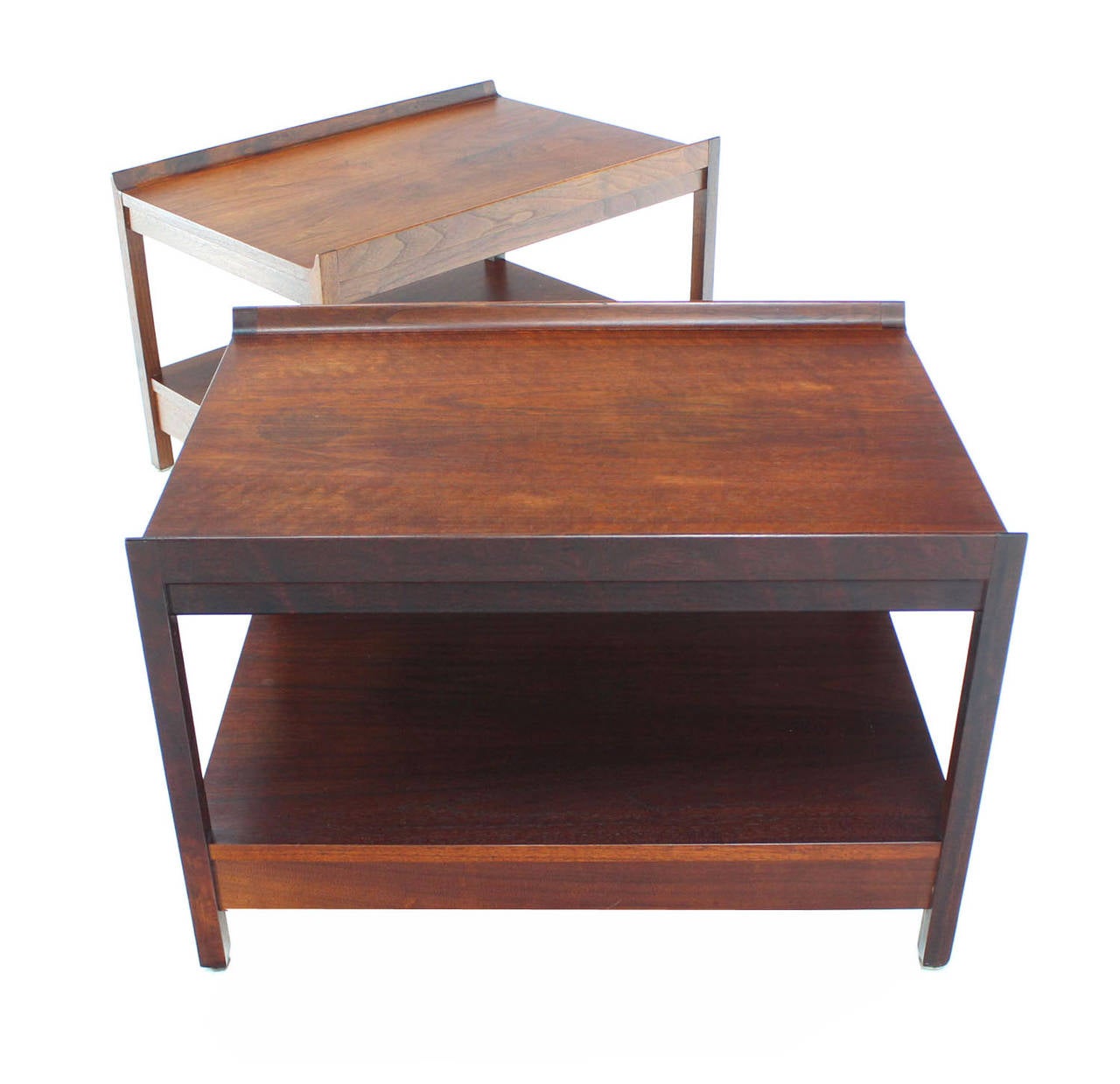 Pair of Danish Oiled Walnut Rolled Edge End Side Tables Two Tier One Drawer In Excellent Condition In Rockaway, NJ