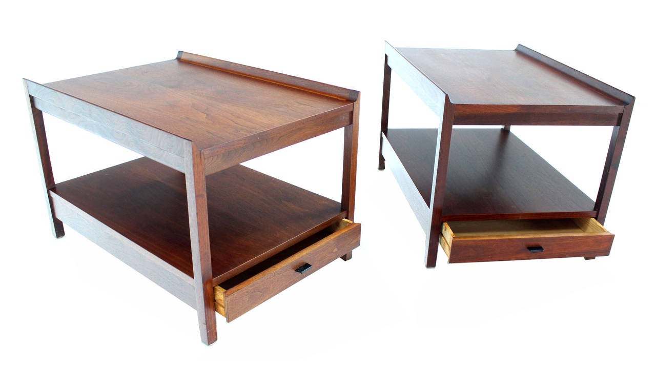 Pair of Danish Oiled Walnut Rolled Edge End Side Tables Two Tier One Drawer 1