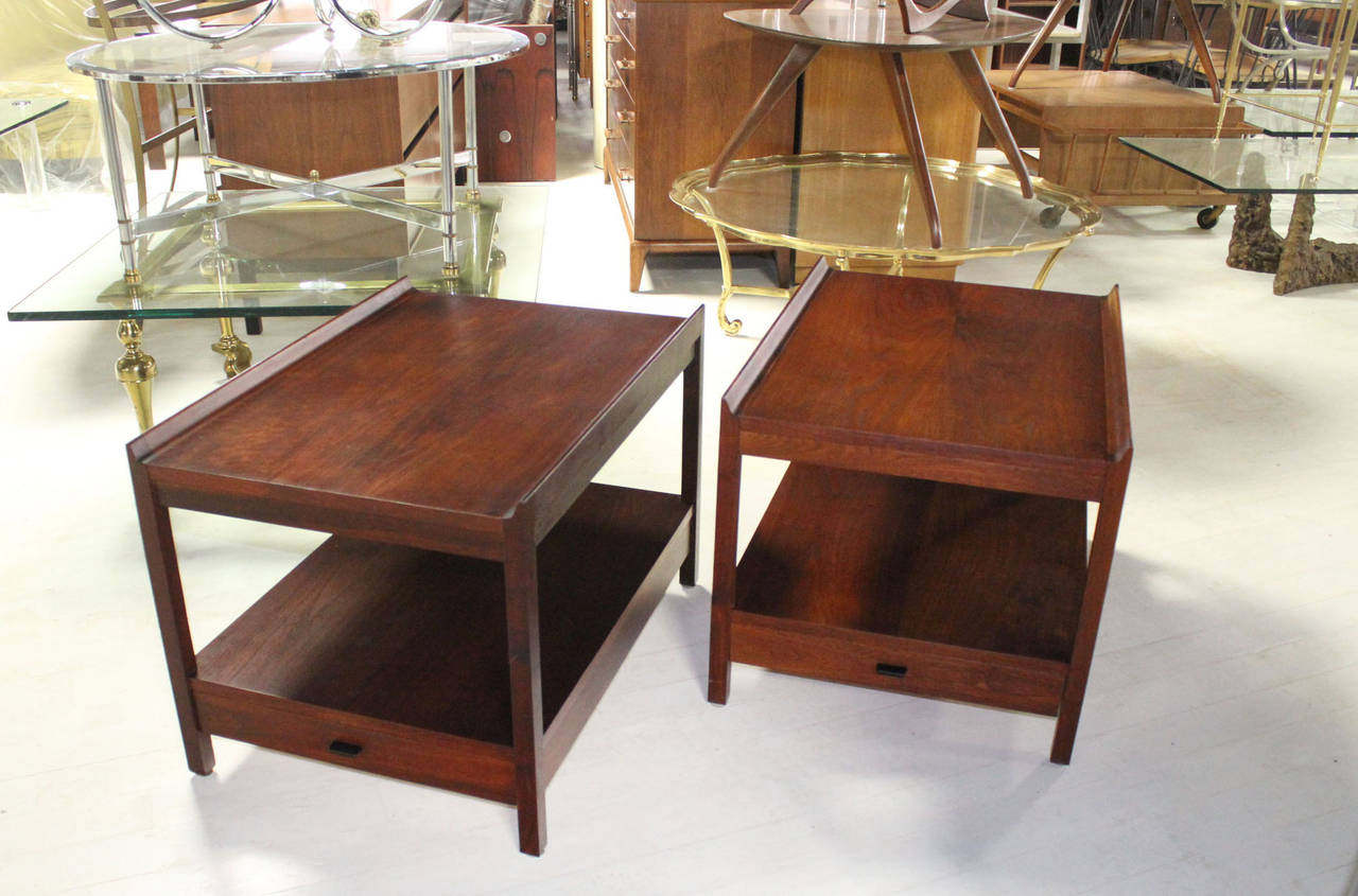 Mid-Century Modern Pair of Danish Oiled Walnut Rolled Edge End Side Tables Two Tier One Drawer