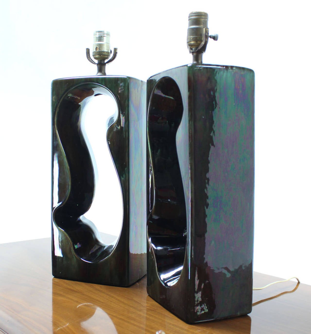 American Pierced Cube Shape Glazed Pottery Table Lamps