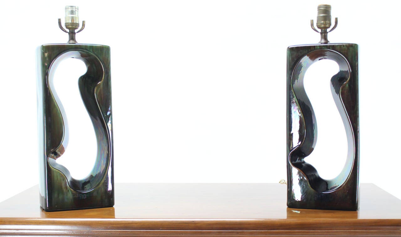 20th Century Pierced Cube Shape Glazed Pottery Table Lamps