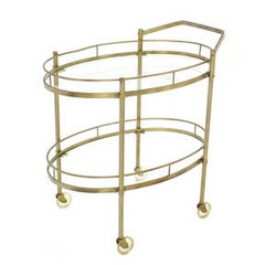 Oval Brass and Glass Two Tier Tea Cart on Wheels 12