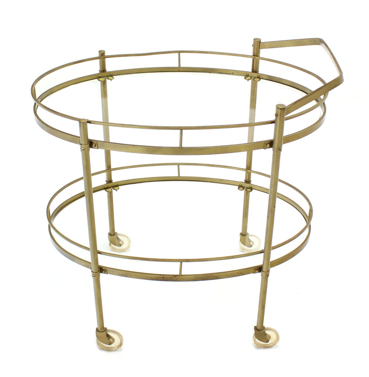 Polished Oval Brass and Glass Two Tier Tea Cart on Wheels
