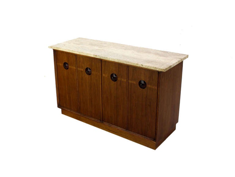 American Midcentury Danish Travertine-Top Walnut with Rosewood Server or Credenza