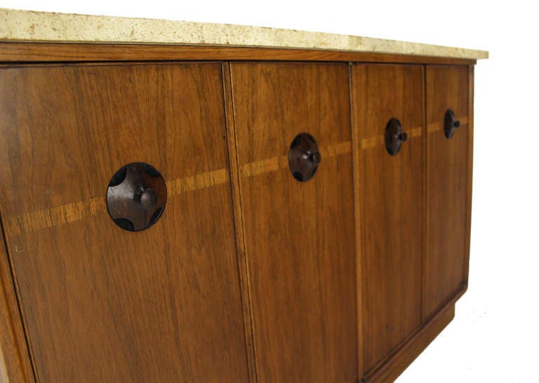 Midcentury Danish Travertine-Top Walnut with Rosewood Server or Credenza