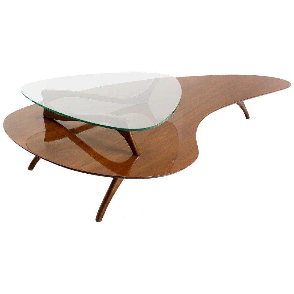 Mid Century Modern Kidney Organic Shape Walnut Coffee Table w/ Glass Top
