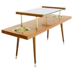 Mid-Century Modern Walnut and Glass-Top Console Table with Planters