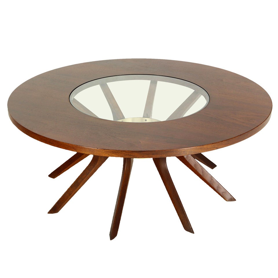 Walnut and Glass Spider Legged Mid Century Modern Round Coffee Table