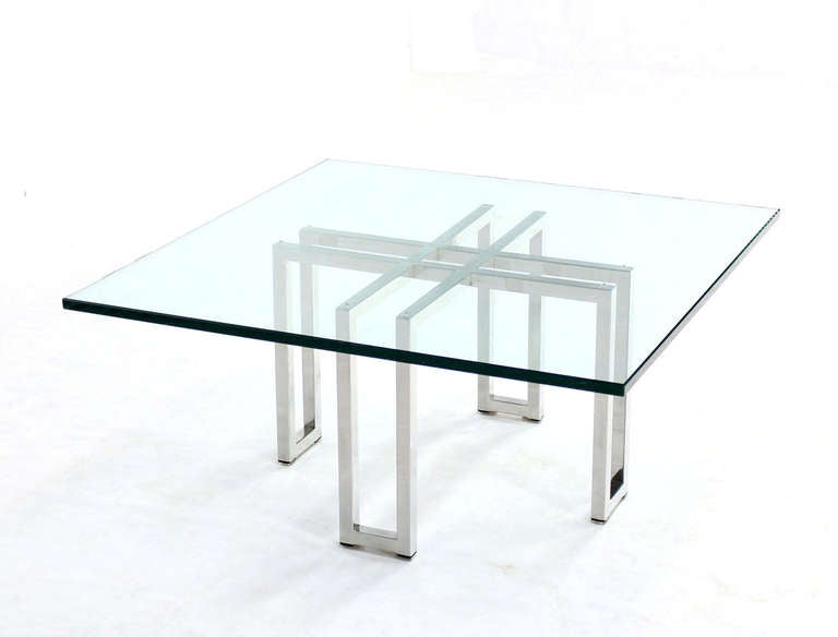 Chrome Base and Square Glass-Top, Mid-Century Modern Coffee Table In Excellent Condition In Rockaway, NJ