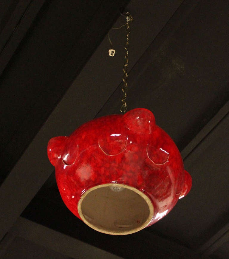Mid-Century Modern Red Glazed Pottery Pendant Light Fixture 2