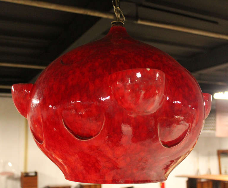 Mid-Century Modern Red Glazed Pottery Pendant Light Fixture In Excellent Condition In Rockaway, NJ