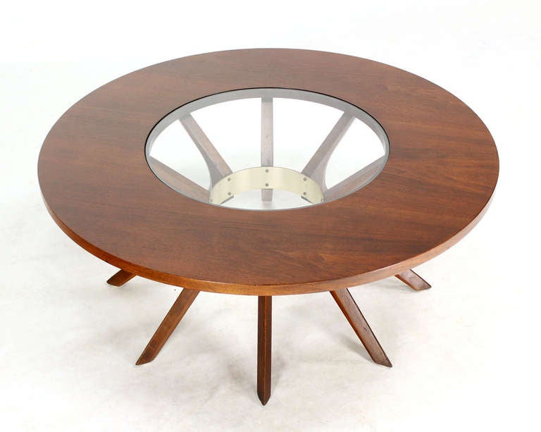 Walnut and Glass Spider Legged Mid Century Modern Round Coffee Table 1