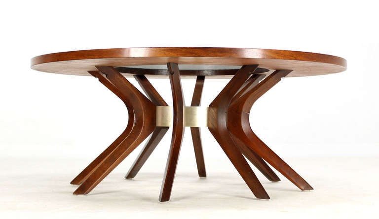 Walnut and Glass Spider Legged Mid Century Modern Round Coffee Table In Excellent Condition In Rockaway, NJ