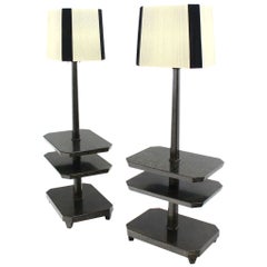 Pair of Black Lacquer 3 Tier Lamps Side Step End Tables Decorative