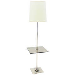 Elegant Mid-Century Modern Chrome amd Smoked Glass Floor Lamp with Table