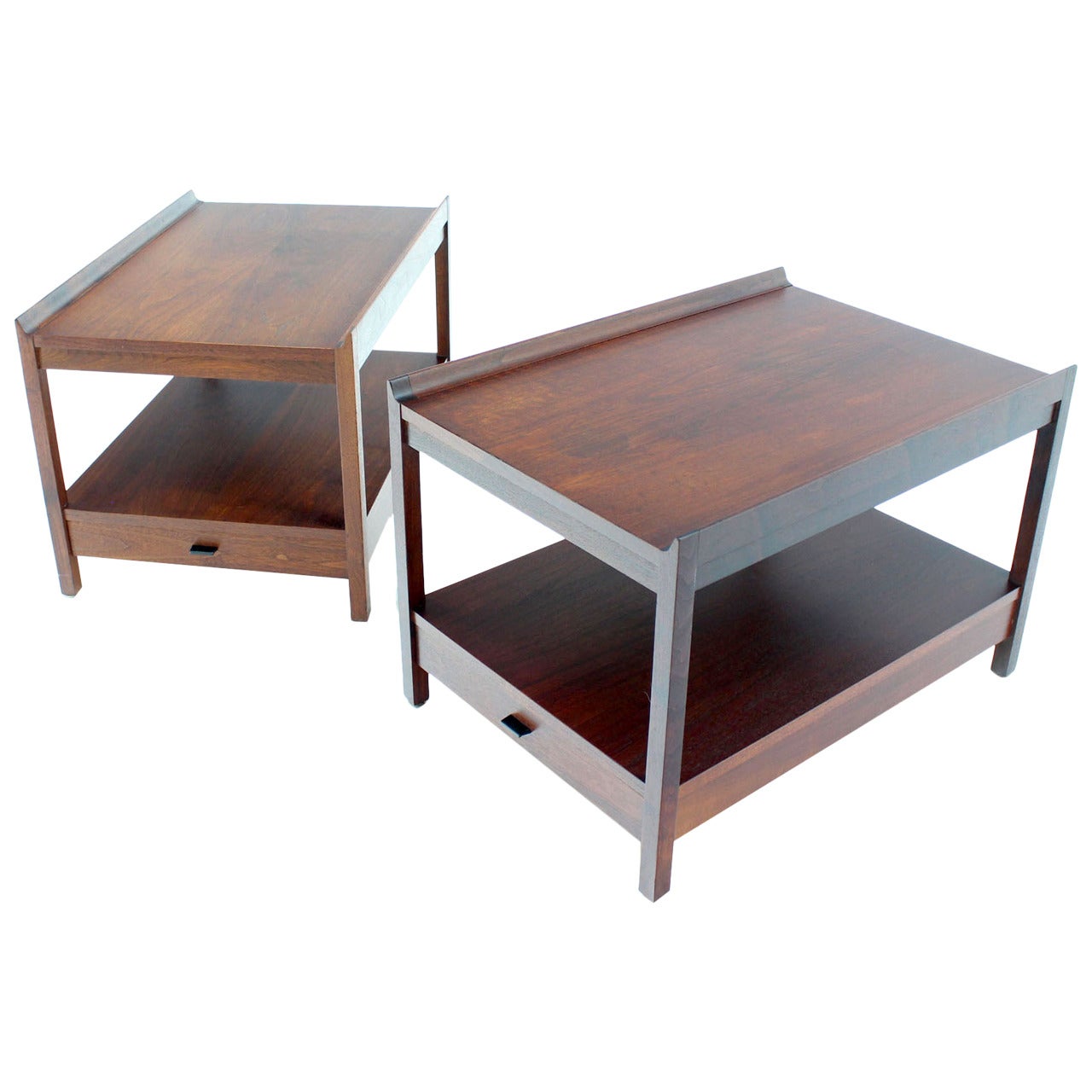 Pair of Danish Oiled Walnut Rolled Edge End Side Tables Two Tier One Drawer