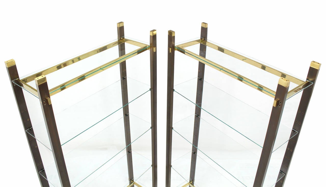 Mid-Century Modern Pair of Solid Brass and Glass Etageres