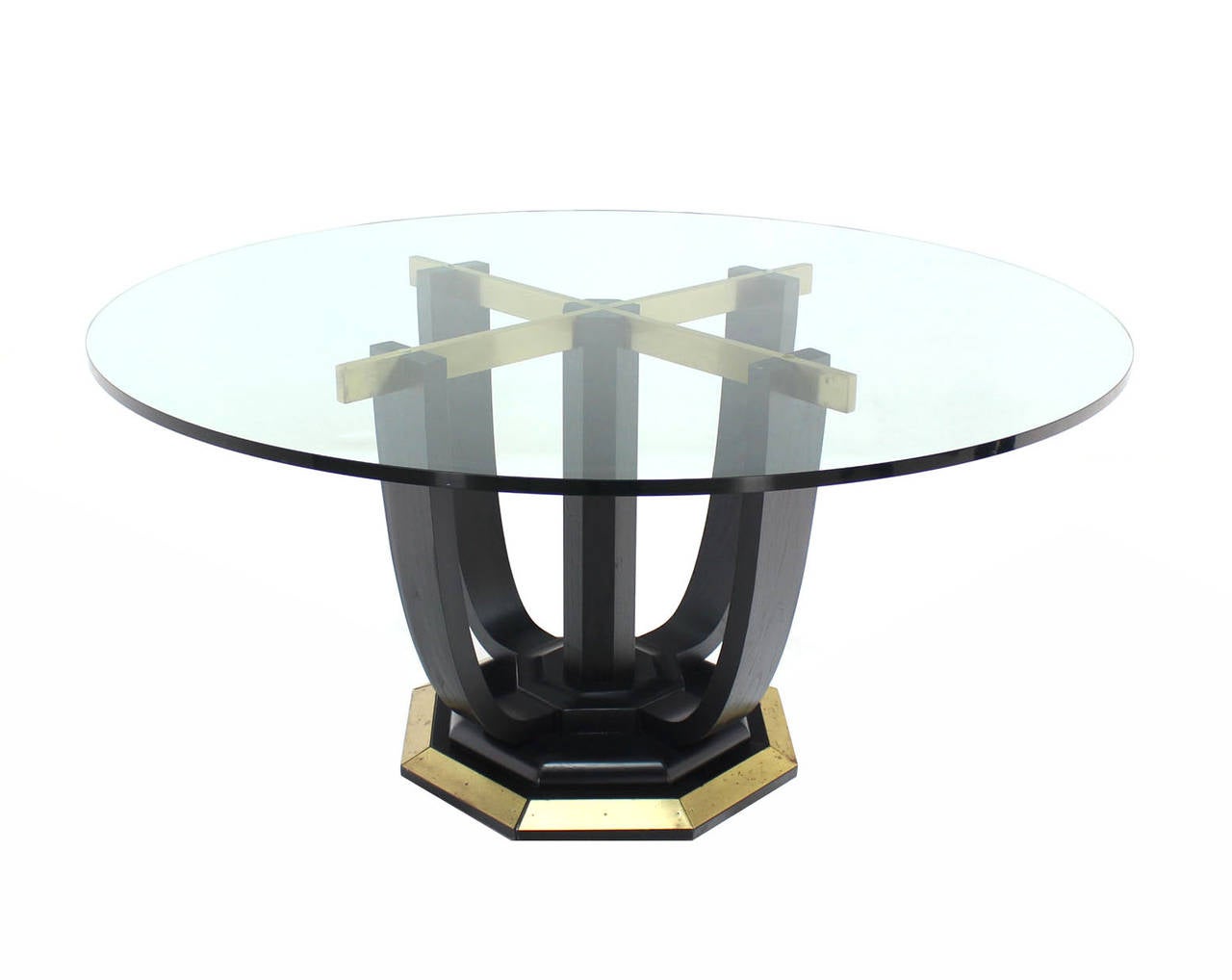 Brass and black lacquered wood-base dining table with 3/4