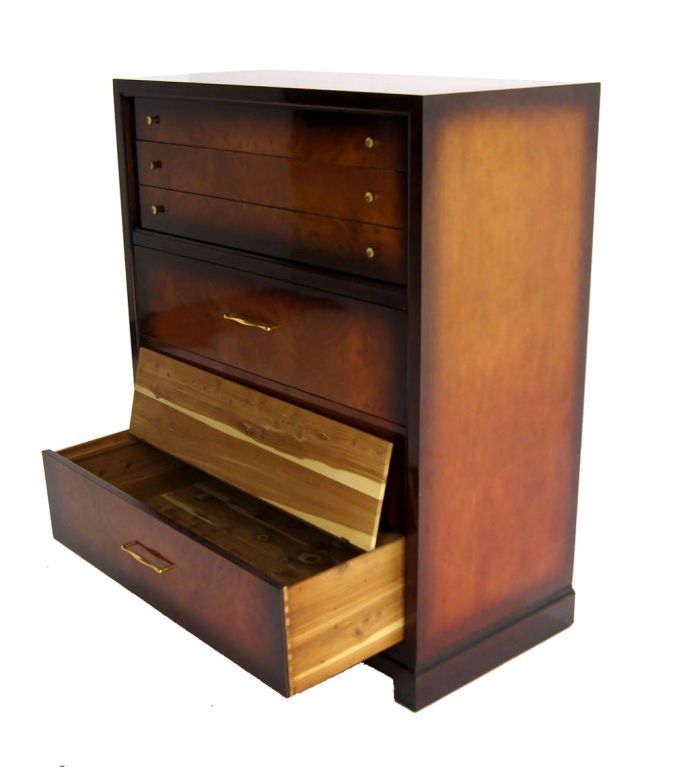Nice mid century modern crotch mahogany cedar compartment chest of drawers.