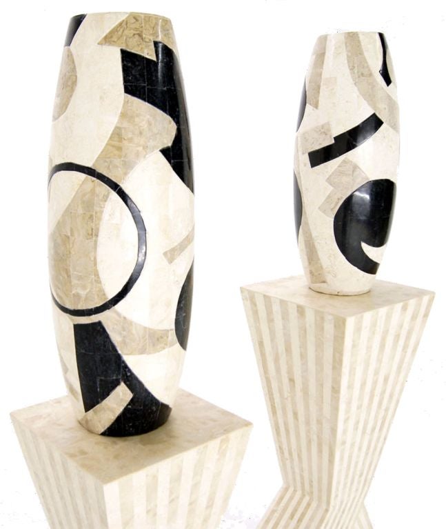 Pair of Large Marble Veneered Vases on Pedestals (Non Matched)