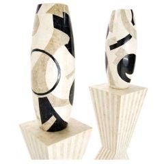 Pair of Large Marble Veneered Vases on Pedestals (Non Matched)