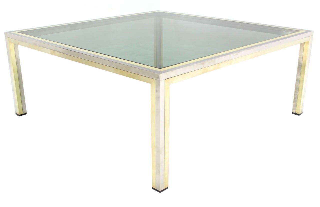 Square Brass, Chrome and Glass Coffee Table by Romeo Rega 1