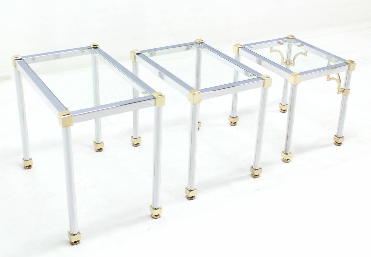 American Set of Three Chrome and Brass Nesting Tables For Sale