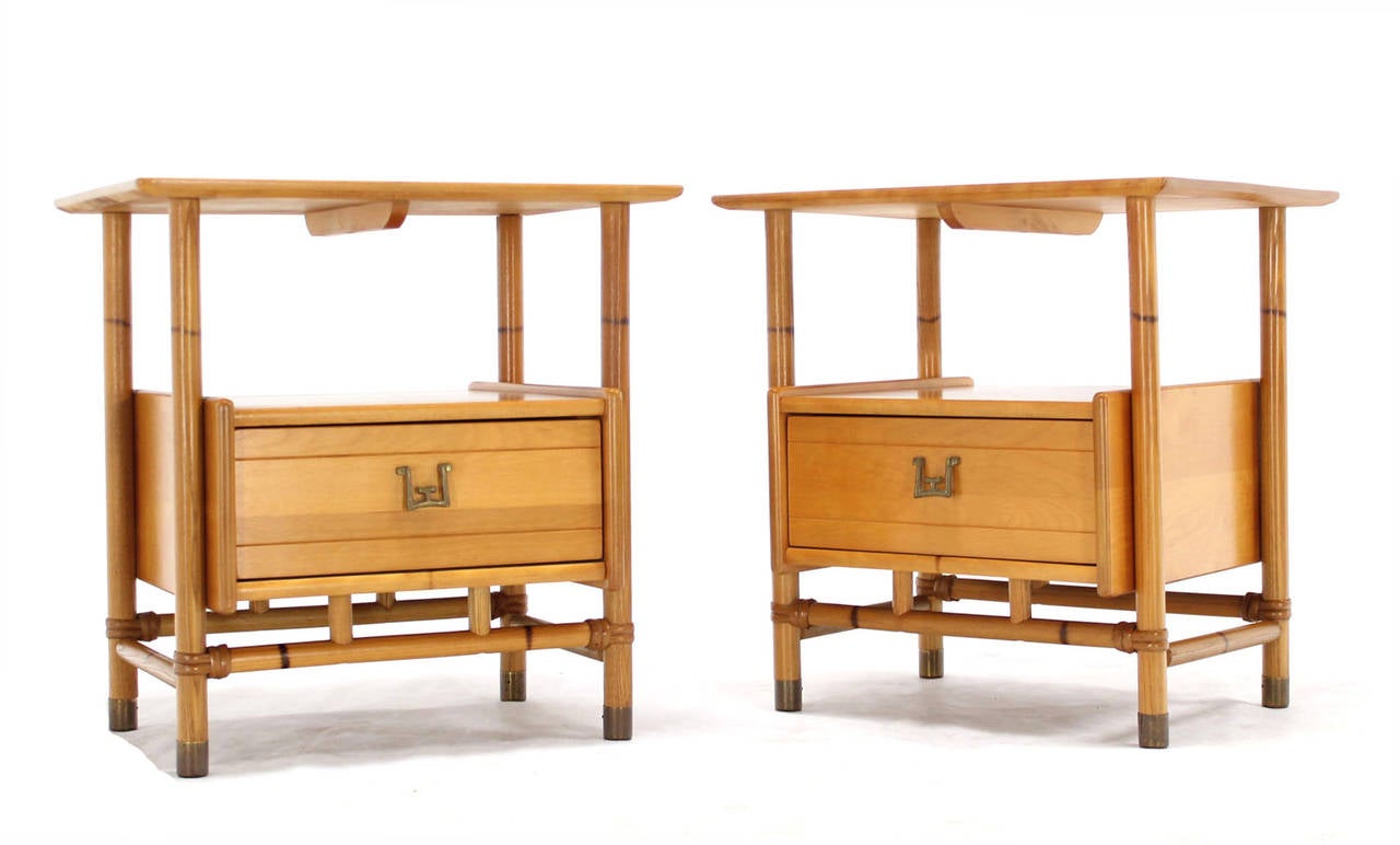 Pair of very nice mid century modern asian faux bamboo inspired design night stands by Heywood Wakefiled.